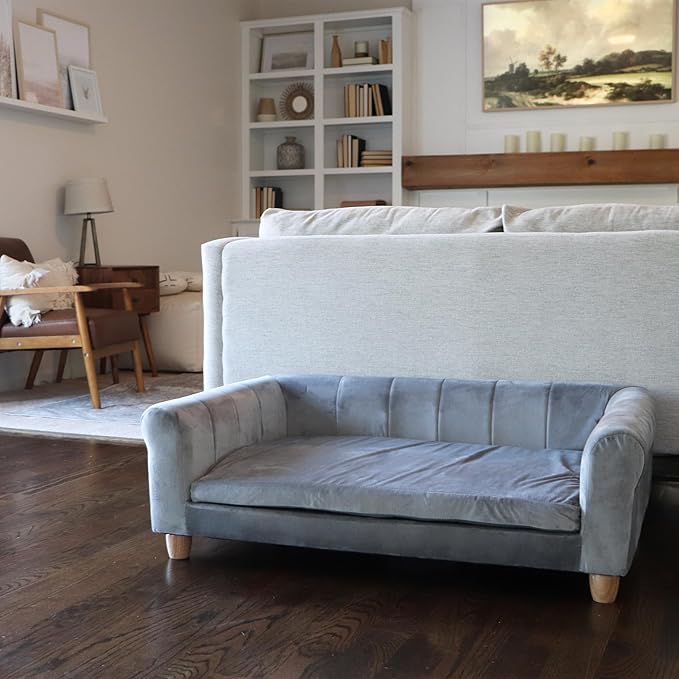 Critter Sitters 42-In. Elegant Gray Faux-Velvet Rectangular Large Dog Bed for Medium and Large Dogs, Durable Elevated Dog Beds, Comfortable Dog Couch, Modern and Stylish Plush Sofa for Dogs