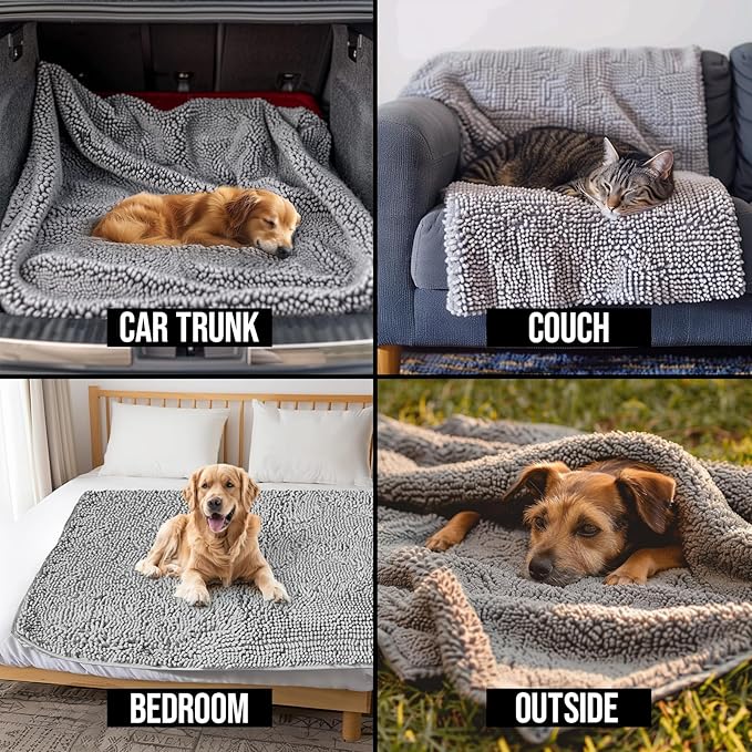 Muddy Mat® Dog Blanket - Chenille Water Absorption Blanket for Bed & Couch Cover for Dogs Washable, Anti-Slip Soft and Durable Furniture Protector for Dogs - Grey 30"x70"
