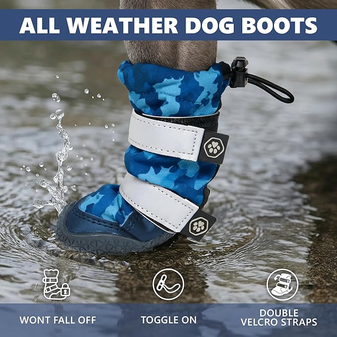 Spark Paws Dog Shoes, Waterproof Dog Boots for Medium to Large Dogs, Non Slip, Breathable Dog Booties and Paw Protectors - 4PCS Doggie Hiking Boots with Reflective Straps, Blue Camo, Size 5