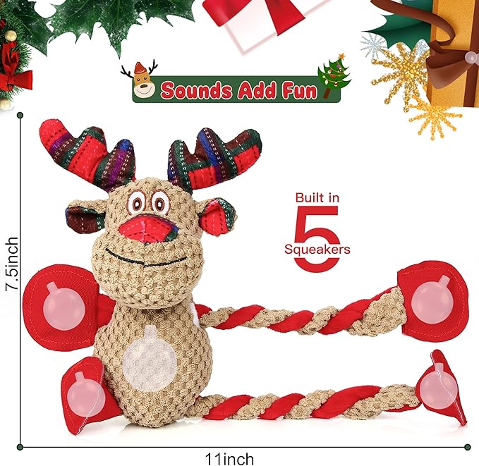 IOKHEIRA Christmas Dog Toys - Squeaky Dog for Small, Medium, and Large Dogs, Holiday Dog Toys with Organic Cotton, 5 Squeakers & Crinkle Papers, Soft Plush for Tug of War