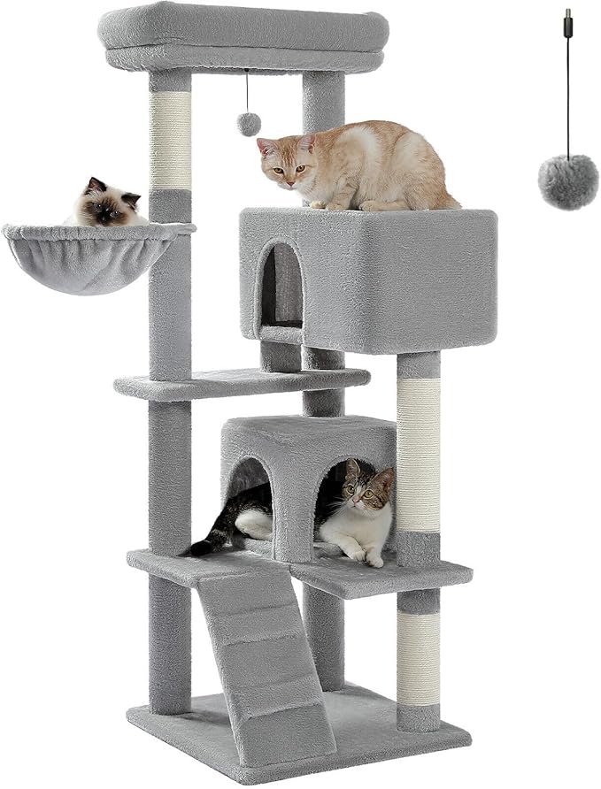 Cat Tree for Indoor Cats, 2 Cozy Condos with Spacious Top Perch, 56.3-Inch Multi-Level Cat Tower with Scratching Posts, 2 Caves, Plush Hammock and Climbing Ramp, Light Grey
