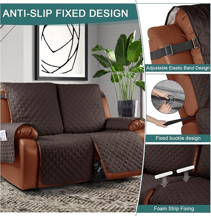 Ruaozz Waterproof Recliner Sofa Cover 1-Piece Couch Covers for Reclining Couches Reclining Sofa Cover Washable Furniture Protector with Elastic Straps Pocket for Kids, Pets (Chocolate, 2 Seater)