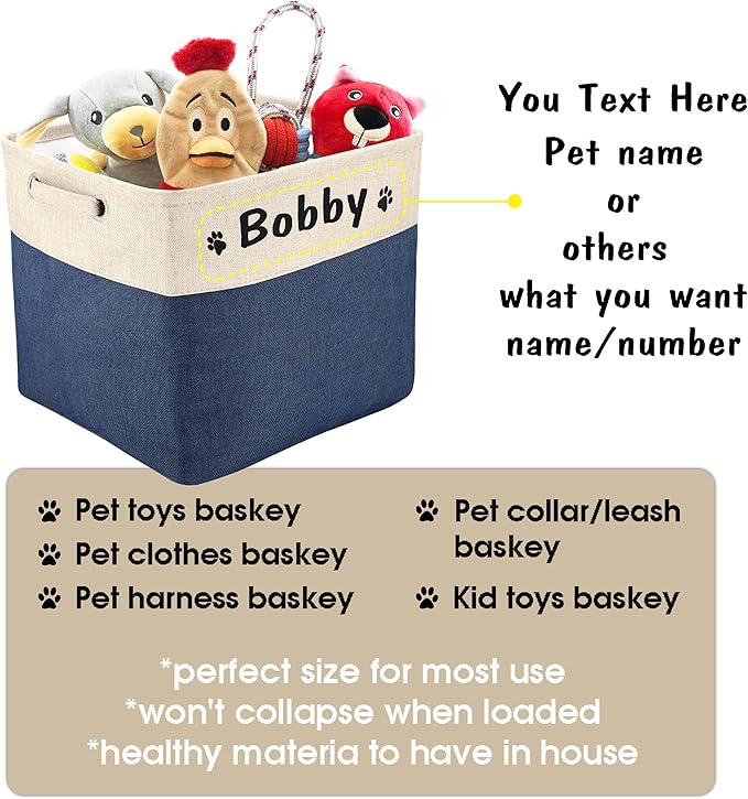 PET ARTIST Collapsible Dog Toy Storage Basket Bin with Personalized Pet's Name - Rectangular Storage Box Chest Organizer for Toys, Clothing, Apparel & Accessories