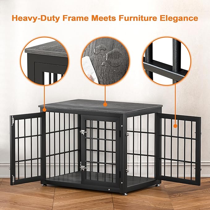 32 Inch Heavy Duty Dog Crate Furniture for Medium and Small Dogs, Decorative Pet House End Table, Wooden Cage Kennel Furniture Indoor, Gray