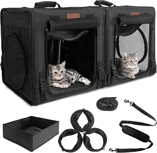 PETUX 2-in-1 Double Cat Carrier for Multiple Cats - 34"x17"x17", Portable, Foldable, Large Cat Travel Carrier with Litter Box, Play Tunnels and Hammock for Car Travel ＆ Vet Visit - Black