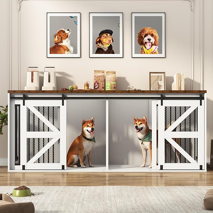 87In Farmhouse Dog Crate TV Stand, Wooden Dog Kennel Furniture with Sliding Metal Mesh Barn Door, Large Dog Crate Furniture for 2 Dogs, Solid Metal Tube & 2 Lockable Doors, White & Brown