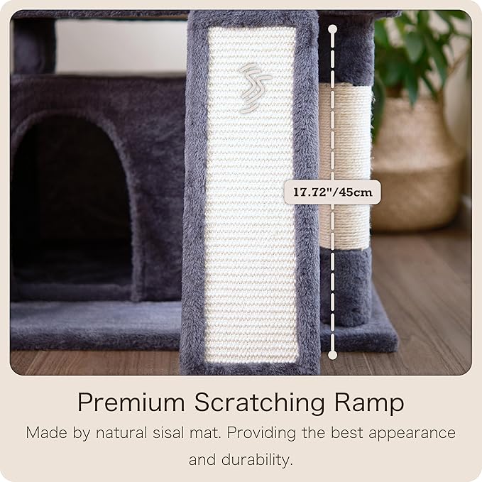 Ouritsu Cat Tree, 35 inch Cat Tower for Large Cat Indoor, 1 Widened Top Perch, 2 Enlarged Condos, Fluffy Basket, Scratching Posts and Ramp, Dark Gray, MF002DG