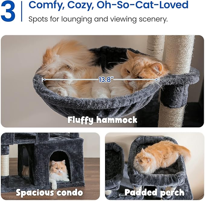 MWPO Extra Large Cat Tree - 70.1-Inch Tall Cat Tower with 3 Cat Condos, Multi-Level Cat Stand for Large Cats Featuring Scratching Posts, Padded Perches, Hammock, Dangling Toys - Smoky Grey