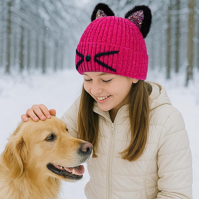 Kids Girls Cat Ear Hat Winter Warm Knit Beanie Cute Ski Skull Cap for Ages 7-12