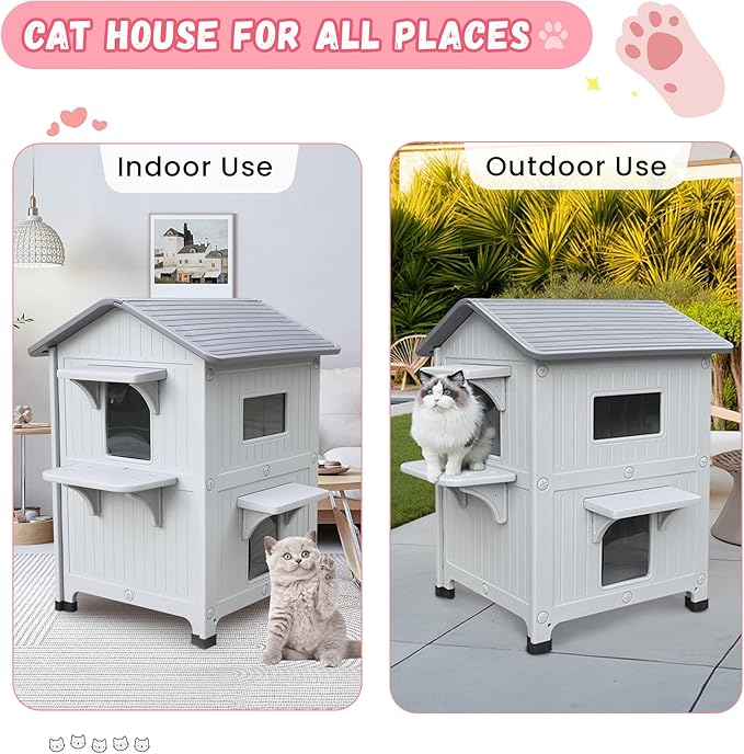 Plastic 2 Story Outdoor Cat House with Soft Mat,Insulated Cat House for Outdoor Cats with Escape Door, Waterproof Outside Cat Shelter, Clean and Assemble Easily
