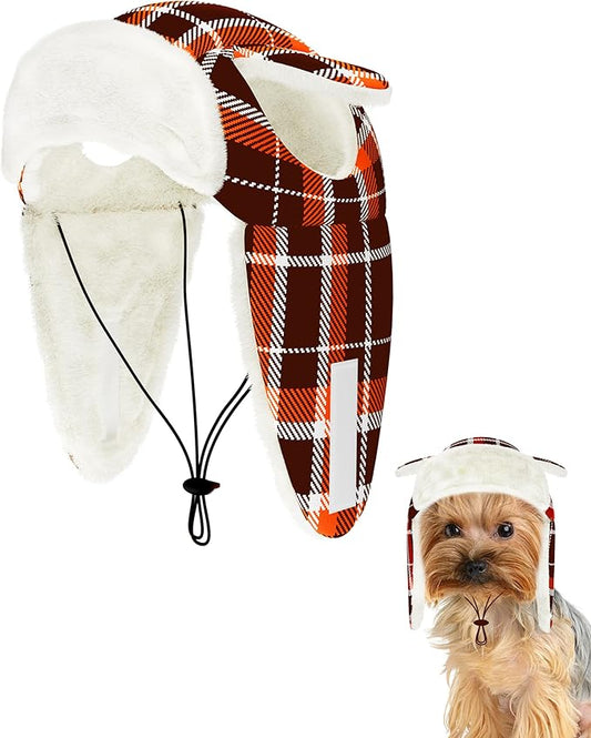 PET SHOW Dog Trapper Hat Winter Hat for Extra Small Dogs Cats Thanksgiving Warm Fleece Aviator Hats with Ear Flaps Adjustable Outdoor Boy Puppy Pet Pilot Costume Cap XS-Orange Plaid/with Ear Holes