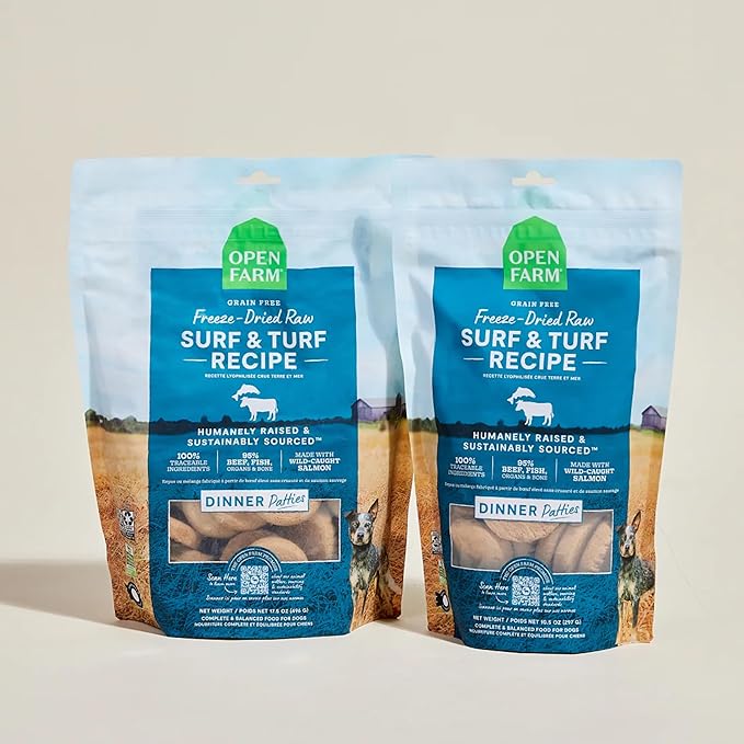 Open Farm, Freeze Dried Raw Dog Food, Patties with 95% Meat, Organs & Bone, Complete Meal or Freeze Dried Dog Food Mixer, Surf & Turf Recipe, 10.5oz Bag