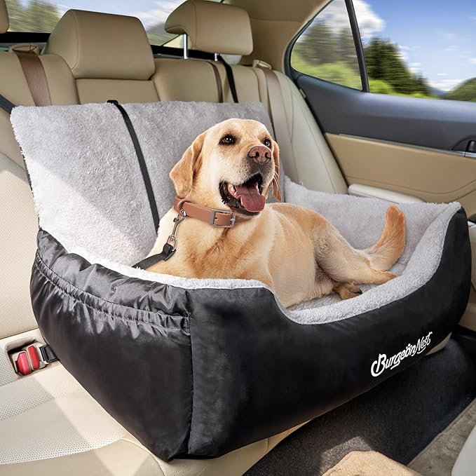 BurgeonNest Dog Car Seat for Medium/Large Dogs Under 55 lbs, Soft Pet Car Travel Home Bed, Fully Detachable and Washable Booster Carseats with Storage Pockets and Clip-On Leash Portable Carrier,Black
