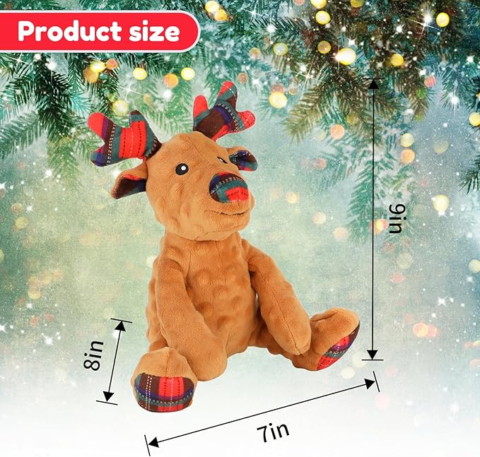 Rypet Christmas Reindeer Dog Toys Durable Plush Dog Toys with Crinkle Paper Interactive Dog Stuffed Squeaky Toys for Puppy Medium Small Dogs Cleaning Teeth and Relieving Anxiety
