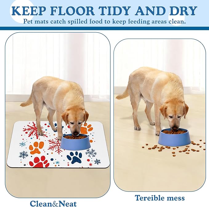 Chirstmas Snowflake Paw Pet Food Mat for Cats and Dogs–Absorbent Quick Dry Feeding Placemat, Non Slip Rubber Base, Waterproof Bowl Mat for Indoor Use, Pet Supplies 16"x24"