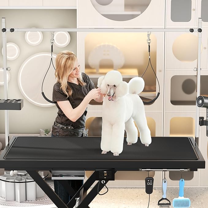 50" Electric Dog Grooming Table 9"- 37" Height Adjustable Heavy Duty Professional Lift Dog Grooming Table for Large Dogs with 2 Nooses, 4in1 Comb & Nail Care Set, Blow Dryer Clip Black