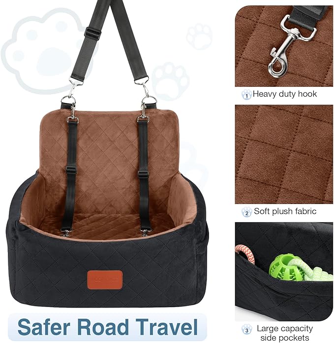 Dog Car Seat for Small Dogs Under 30lbs,Ultra Soft Fabric & Memory Foam Pet Travel Car Bed,Washable & Detachable,Anti-Slip Bottom,2 Storage Pockets and Safety Tethers(Black/Brown)