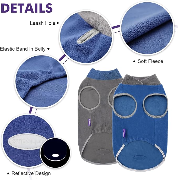 Cyeollo 2 Pack Reflective Dog Sweatshirt Pullover Fleece Vest with Leash Hole for Small Puppy Dogs Size S