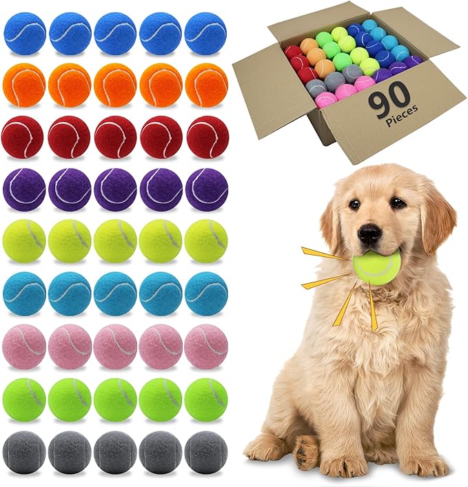 Magicorange Dog Tennis Balls,90 Pack 2.5 inch Floatable Squeaky Tennis Balls for Fetch Exercise, Natural Rubber Squeaky Dog Ball Training Safe (Multicolor, 2.5inch)