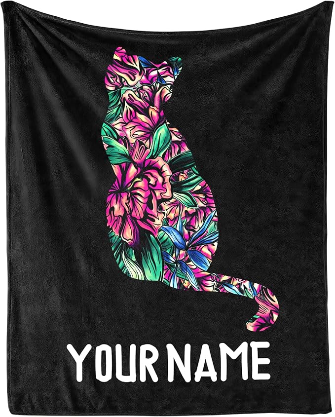 Personalized Cat Blanket Gifts with Name - 40"x50" Cute Throw Blanket for Adults Kids - Black Soft Plush Throws for Bed, Couch & Travel