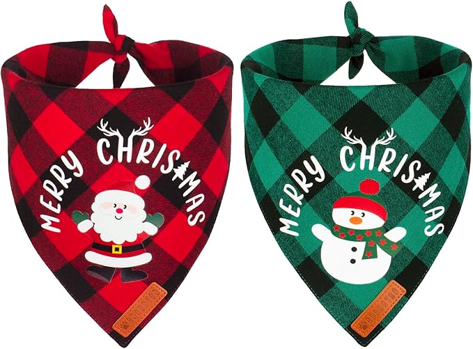 ADOGGYGO Christmas Dog Bandanas, Red Green Plaid Pet Scarf, Premium Cotton Fabric, Xmas Santa Snowman Christmas Bandanas for Medium Large Dogs Pets (Large)