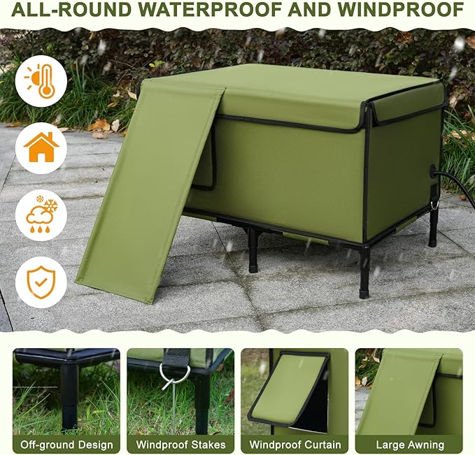 Palopalo Dewproof Heated Cat House for Outdoor Winter, Insulated Discreet Pet Shelter with Waterproof Heating Pad & Escape Door for Feral, Stray, Barn Kitty Cats (Army Green, 24.8" x 16.5" x 18.1")