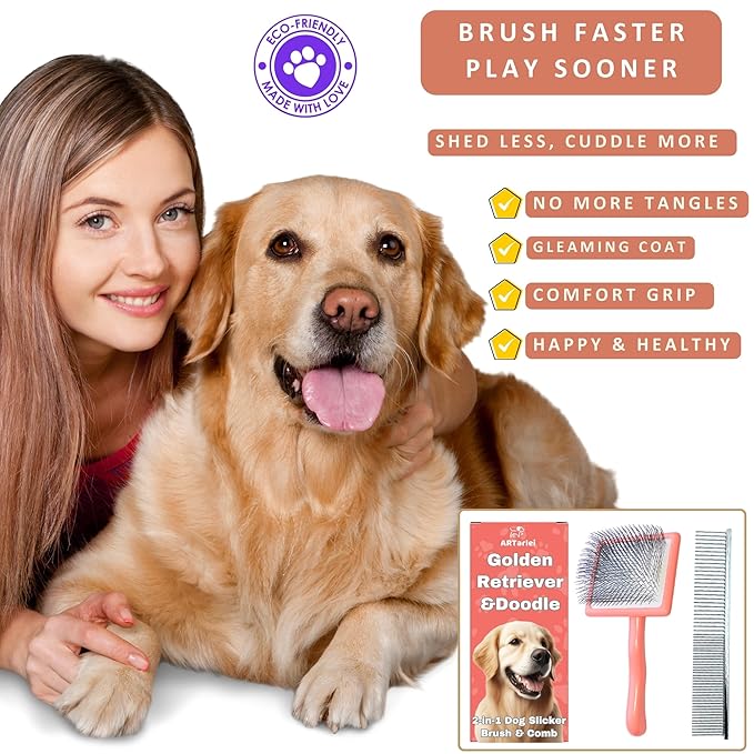 2-in-1 Dog Slicker Brush & Comb for Golden Retriever & Doodle - Easy Detangling & Deshedding, Tailored for Matted Coats of Long Curly Haired Doodle Mixes - Effortless Tangle-Free Grooming