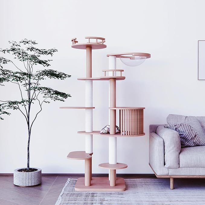 Downpat Cat Tree 72.3" Solid Wood Multi-Level Cat Tower with Condo,Cat Scratching Post,Jumping Space,Furniture Suitable for Cats (with Cat Scratching Mat Pad Anti-Slip Mat)