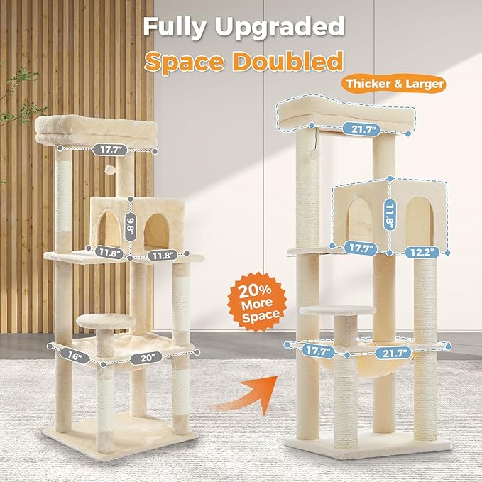 Large Cat Tree with Reinforced Scratching Posts (φ3.7in) for Big Adult Cats 30 lbs, 57.8" Heavy Duty Cat Tower with Larger Hammock and Condo, Cat Furniture for Maine Coon, Plush,Beige