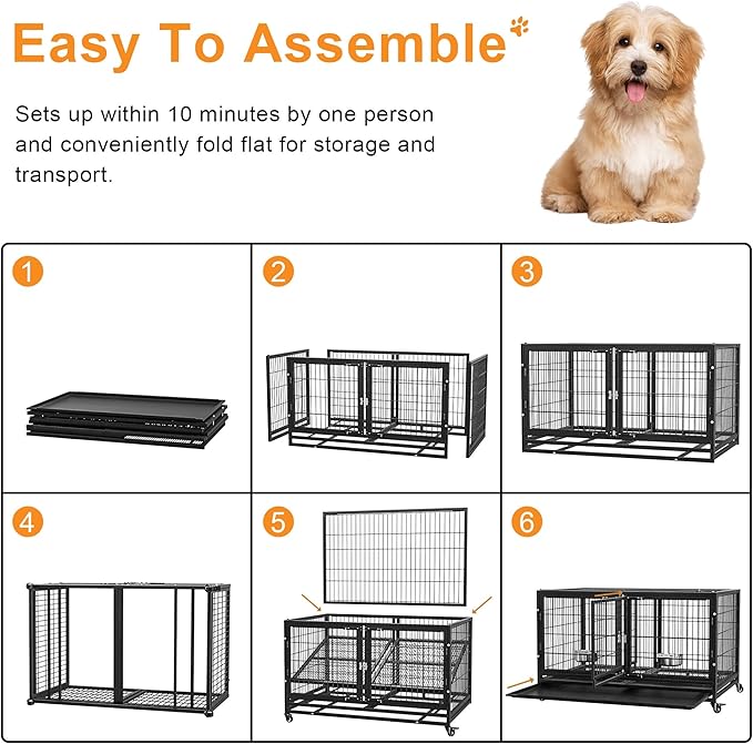 48/43 inch Heavy Duty Dog Crate for Large Dogs, Stackable Dog Kennels and Metal Wire Cages with Feeding Bowls, Leak-Proof Pans, Removable Wire Trays and Divider, Extra Large XL XXL