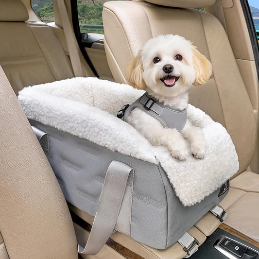 Center Console Dog Car Seat for Small Dogs Under 12 lbs – Secure Booster Seat with Safety Tether, Fits Most Cars & SUVs, Soft Washable Cushion, Portable Carrier Ideal for Pet Travel