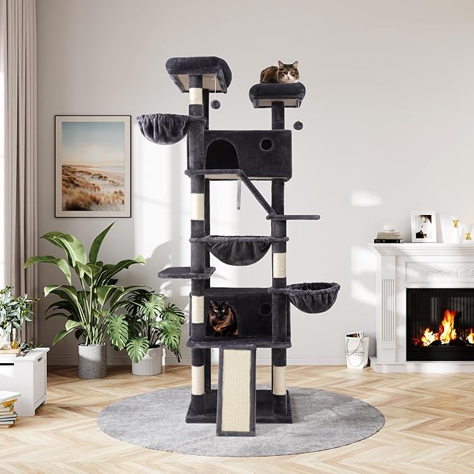 MUTICOR 81 inches Multi-Level Tall Cat Tree Tower for Indoor Kitties/Large Climbing Tree House for Big Feline/Condo/Sisal Scratching Posts/Plush Perches Platforms/Basket Hammock/Dark Grey