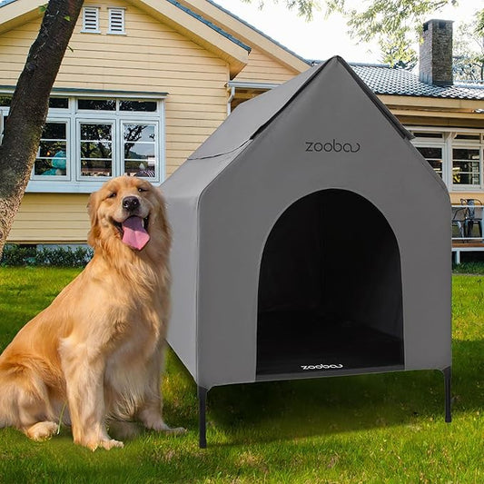 36" Large Dog House for Large Dog Indoor or Outside, Weatherproof 600D PVC Outdoor, Featuring Breathable 2x1 Textilene Elevated Dog Bed, Easy Clean (Grey)