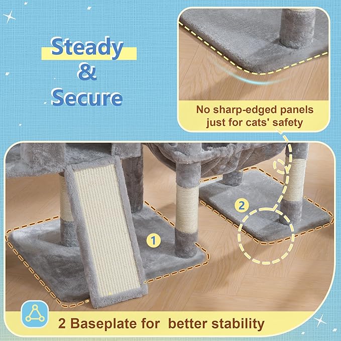 Hey-brother Cat Tree Tower, Scratching Posts with 3 Condos, Large Basket, Cozy Bed, Sisal Board, Step-by-Step Climbing Pathway and Toys, 74.8 inches Furniture for Big Indoor Cats, Light Gray MPJ081W