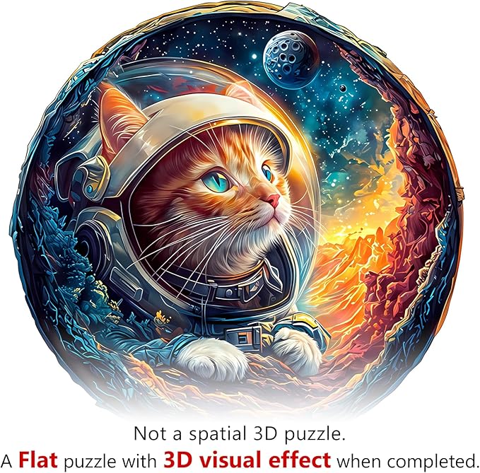 KAAYEE Wooden Puzzles for Adults, 3D Space Cat 100 Piece Unique Animal Shape Puzzle, Cat Wood Puzzle for Adults, Creative Gifts for Friends/Family, Home Decor(8.5 * 8.3in)