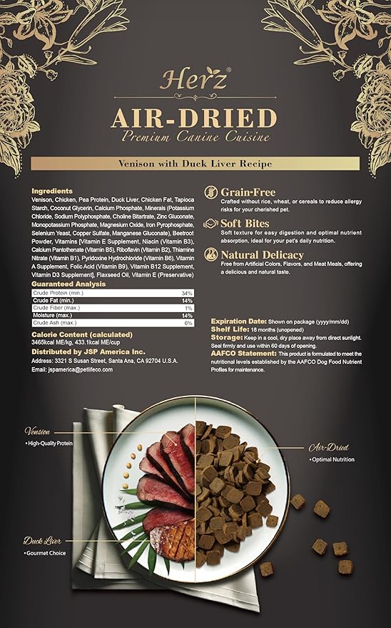 Herz Air-Dried Dog Food Venison & Duck Liver Recipe 2.2 lb, All-Natural, High-Protein, Grain-Free, Limited Ingredients, Complete & Balanced, Premium Canine Cuisine