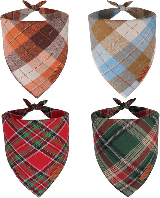 ADOGGYGO 4 Pack Plaid Dog Bandanas Fall Halloween Thanksgiving Christmas, Premium Cotton Fabric, Red Green Orange Blue Plaid Bandanas for Extra Large Dogs (X-Large)