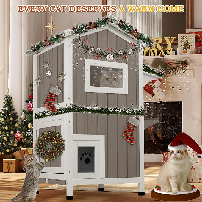 PetsCosset Insulated Cat House Outdoor Weatherproof All-Round Insulation Two Story Outside Wooden Feral Cat Shelter for Winter with 2 Escape Doors, Pull Out Floor and Openable Roof for Cats, Grey