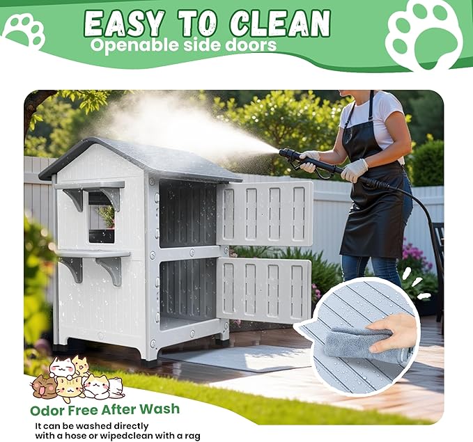 Plastic Outdoor Cat House with Escape Door, Waterproof 2 Story Outdoor Houses for Feral Cats Outside Cat Shelter, Spacious, Clean and Assemble Easily