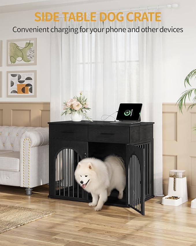 39.4'' Large Dog Crate Furniture with 2 Storage Drawers, Heavy Duty Dog Kennel Indoor with Charging Station, Wooden Dog Cage End Table Kennel for Medium/Large Dogs, Black DFC84204B