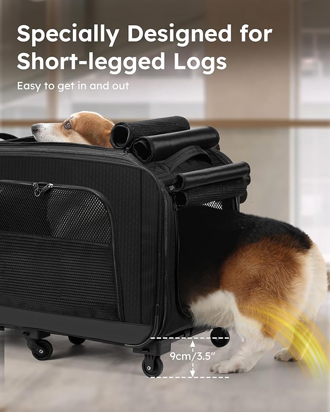 Pecute Cat Carrier with Wheels, Large Space Dog Carrier up to 40lbs,Pet Stroller for Short Legged Dogs,Dog Crate for Medium Small Dogs,Suitable for Dachshund, French Bulldog, Basset Hound, Corgi