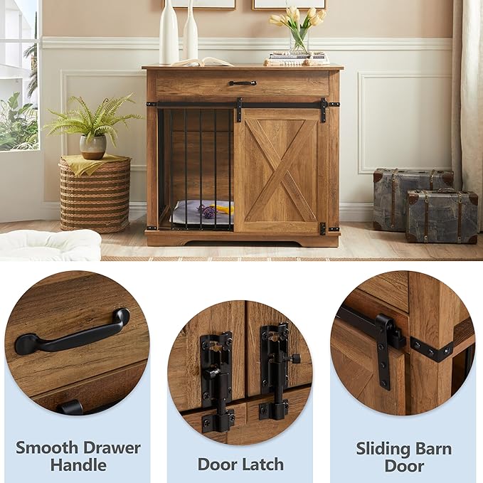 37.8" Dog Crate Furniture - Indoor Wooden Dog Kennel Furniture with Sliding Barn Door and Storage Drawer, Rustic Oak