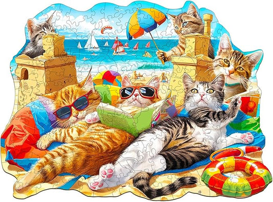 KAAYEE Wooden Puzzles for Adults, Beach Cat 180 Piece Unique Animal Shape Puzzle, Cat Wood Puzzle for Adults, Creative Gifts for Friends/Family, Home Decor(11.4 * 8.4in)