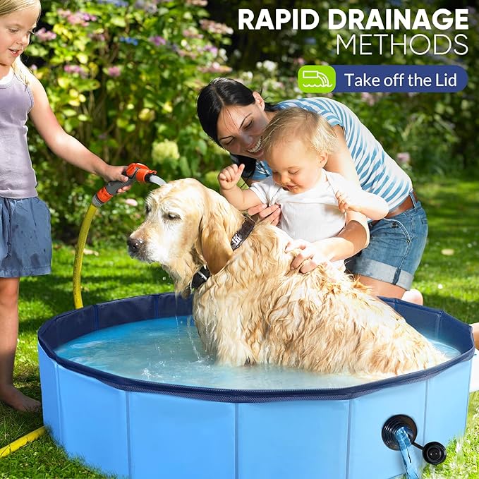 Dog Pool, Foldable Pet Swimming Pool with 6mm High-Strength PP Board, Hard Plastic Collapsible Doggy Pools for Small Dogs Kitty Duck, Non-Slip Doggie Bathtub Quick to Set Up and Drainage Hole, 48.2"