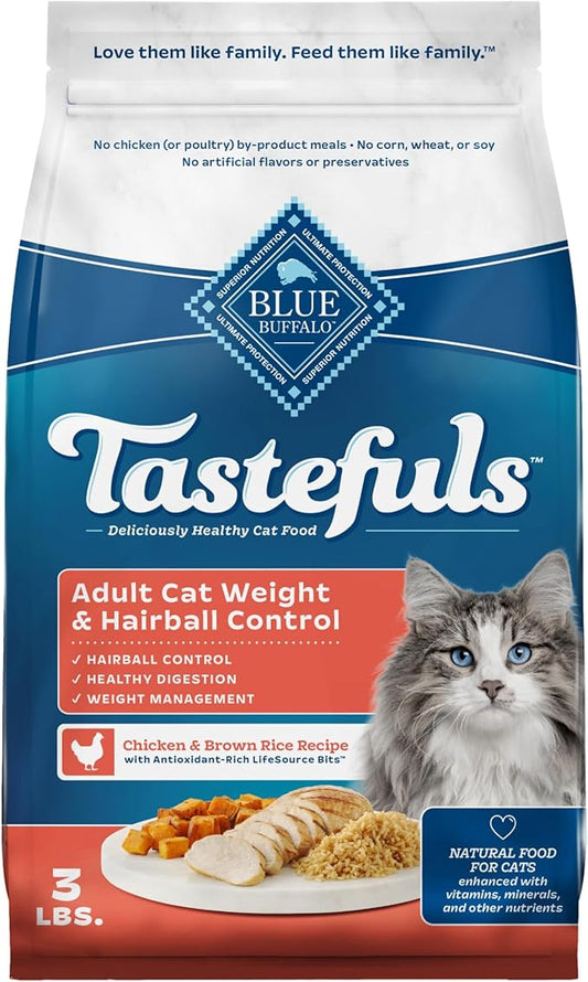 Blue Buffalo Tastefuls Weight & Hairball Control Natural Dry Food for Adult Cats, 3-lb. Resealable Bag