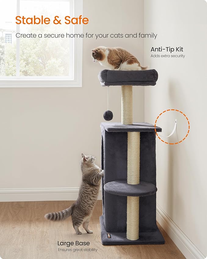 Feandrea Cat Tree, Small Cat Tower for Indoor Cats, Plush Cat Caves with Perch, Scratching Posts, for Small Spaces, Kittens, Dark Gray UPCT005G02