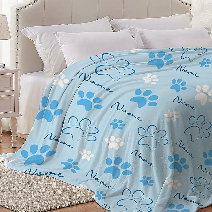 Custom Pet Name Blanket Personalized Dogs Customized Puppy ,Dog Gift for Dog Lovers Mom Dad Cute Paw Prints Soft Flannel Throw Bed Sofa Travel Extra Small 40''x30''