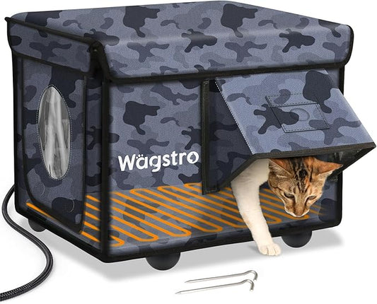 Heated Cat House for Outside, Waterproof Awning & Escape Door Heated Cat Houses for Indoor/Outdoor Cats in Winter, Elevated & Insulated Outdoor Cat Shelter for Feral Cat(Black Camo, 16.5"x12.6"x12.6")
