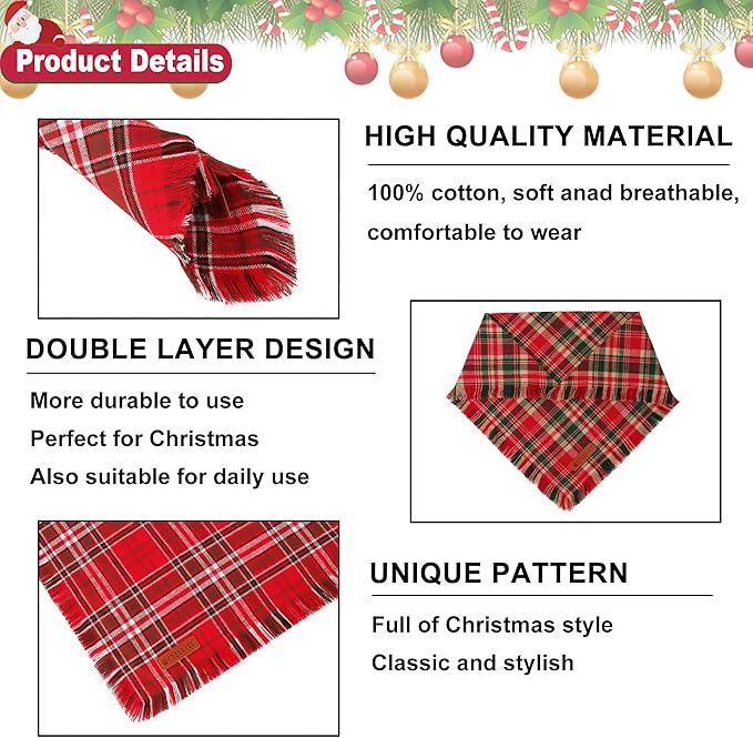 ADOGGYGO Christmas Dog Bandanas with Tassels Edges, Stylish Red Plaid Xmas Scarf, Multiple Sizes, Christmas Bandanas for Medium Large Dogs (Large)