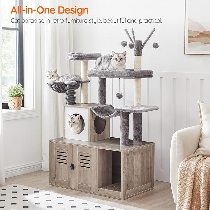 HOOBRO Large Hidden Litter Box, Cat Tree with 30.7'' Long Litter Box Enclosure, Modern Cat Tower, Cat Condos with Scratching Posts, Rubbing Post, Hammock and Teaser Sticks, Greige BG28MZ03G1